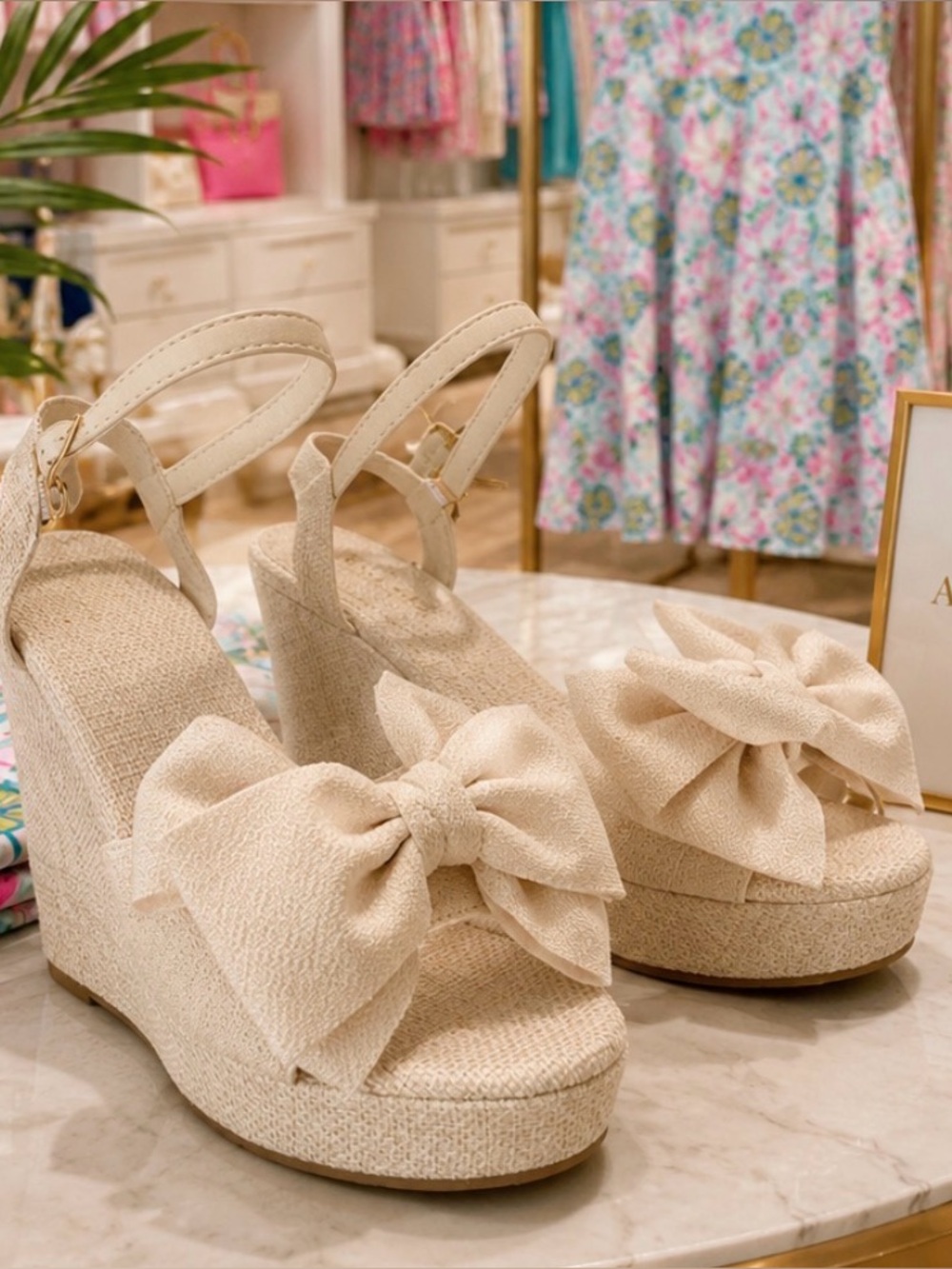 Women's Cream Bow Platform Wedge Sandals